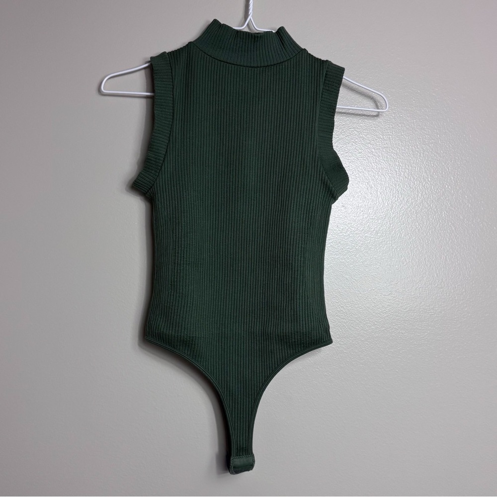 Sleeveless Ribbed Mock Neck One-Piece Bodysuit - Dark Green